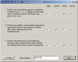 Skala ryzyka dysleksji - wprowadzanie wyników ankiety